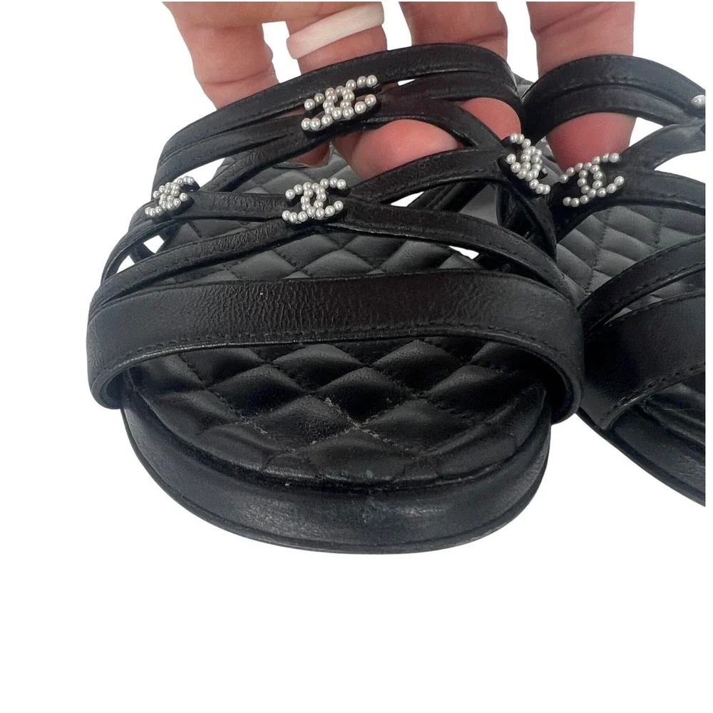 Chanel 2019 Quilted CC Pearl Leather Slide Sandals Black 36.5